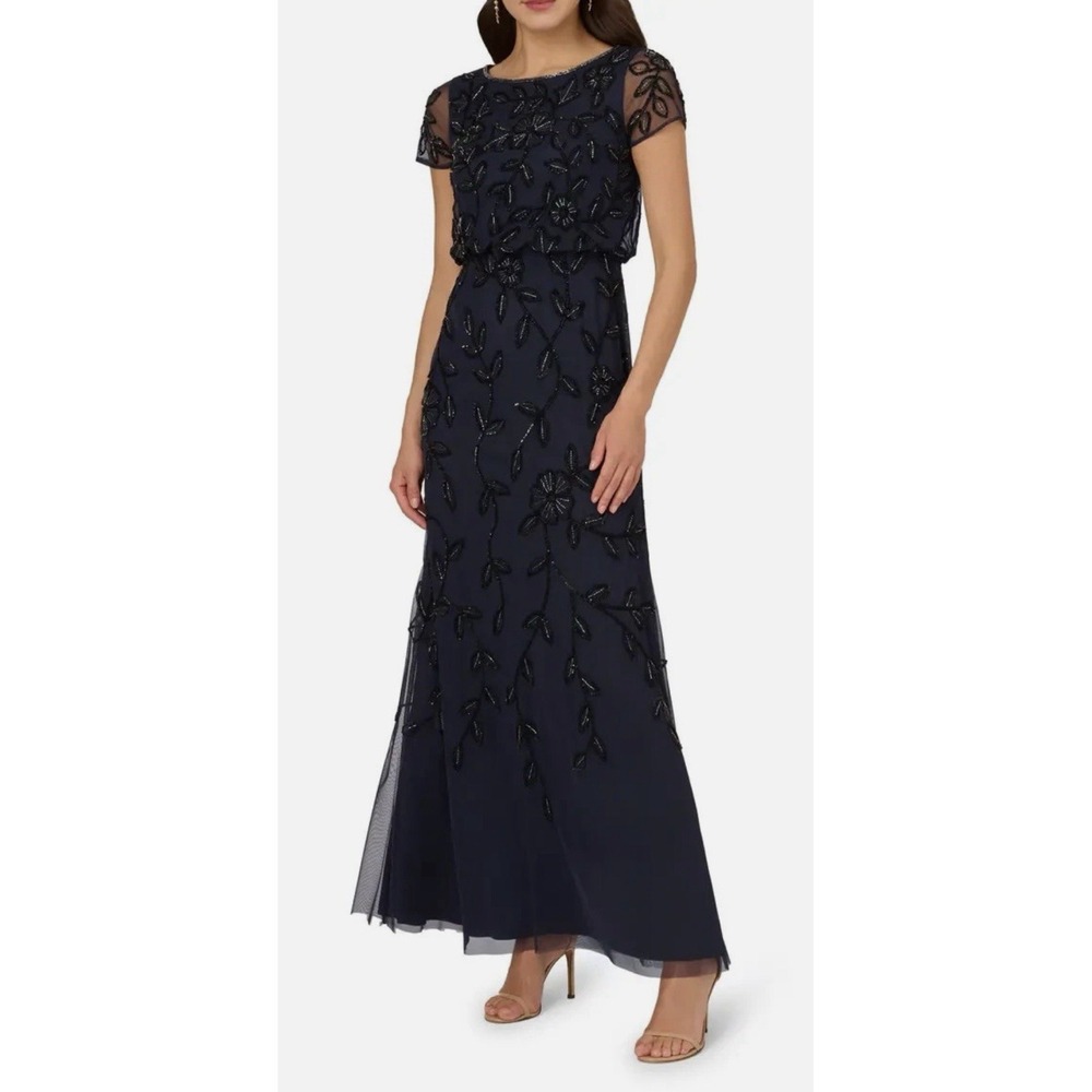 Adrianna Papell Navy Blue Black Beaded Blouson Bodice Mesh Gown Size 18W